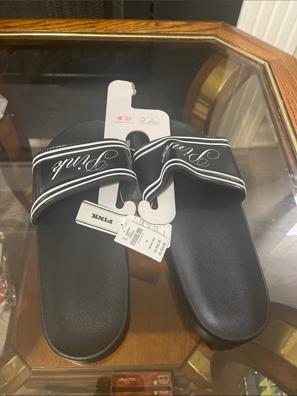 PINK Victoria's Secret Black Slide Sandals with White Script - Picture 5 of 7
